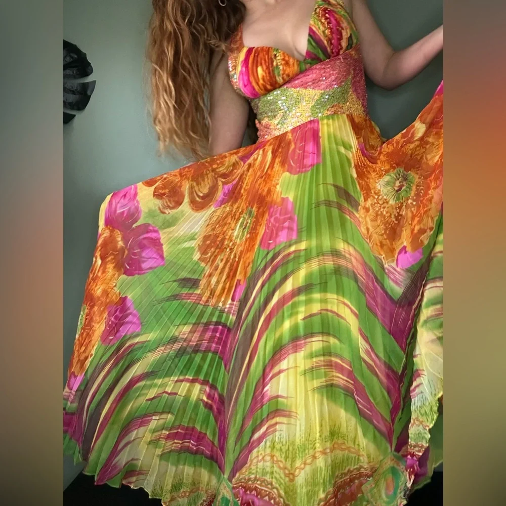 Tropical Floral Multi-Color Evening Gown Maxi Dress with Beading and Sequins - Picture 2 of 8